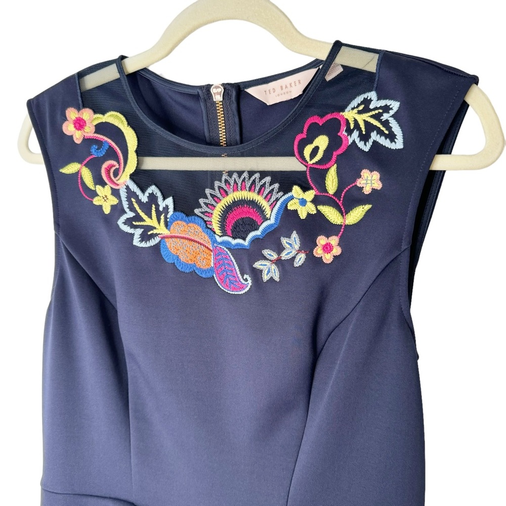 Ted Baker Floral Embroidered Navy Blue Fit Flare Dress Size 6 - Picture 3 of 6